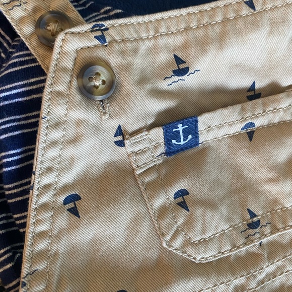 3 Month BabyBoy Outfit Tan overalls with navy anchors + blue/white stripe shirt - Picture 2 of 5